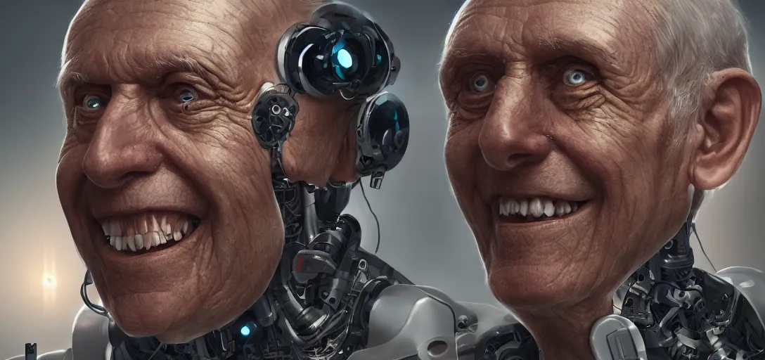 Prompt: hide the pain harold as a cyborg, making of a cyborg, digital portrait, robot with exoskeleton, futuristic scifi, artstation, 4 k, detailed