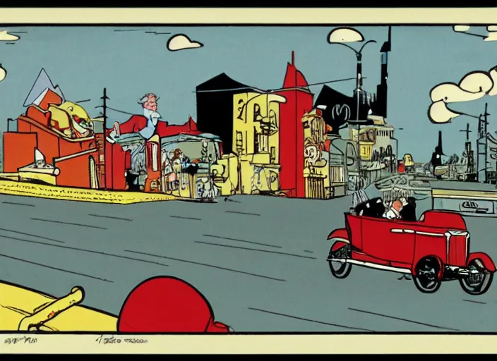 Image similar to hotrods driving down a street , vintage, highly detailed, by Hergé