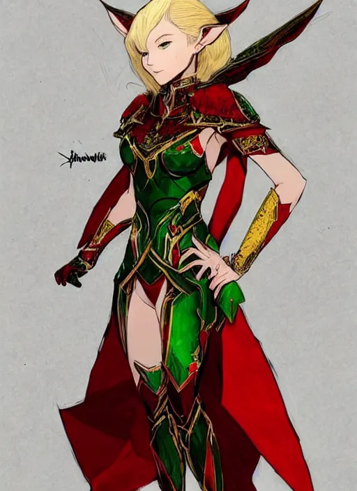 Image similar to Full body portrait of a beautiful young blonde short haired elven princess wearing red, green and gold armour robe. In style of Yoji Shinkawa and Hyung-tae Kim, trending on ArtStation, dark fantasy, great composition, concept art, highly detailed.