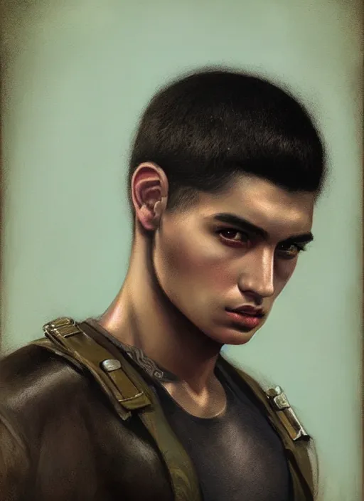 Image similar to portrait of a young latino tough guy, art by manuel sanulian and tom bagshaw