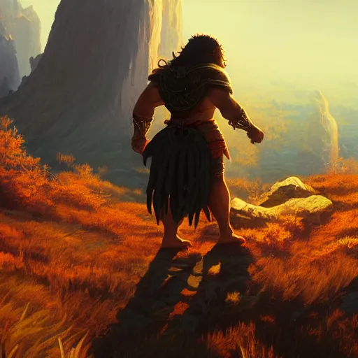 Prompt: a beautiful ultradetailed painting of a colossus giant warrior walking through the edge of the world, golden hour, Albert Bierdstat, Makoto Shinkai, 4k, trending on artstation