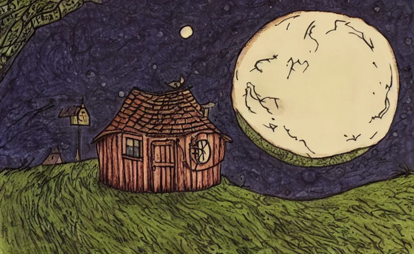 Prompt: a witch's cottage on a lonely hill against a giant moon, color ink on paper