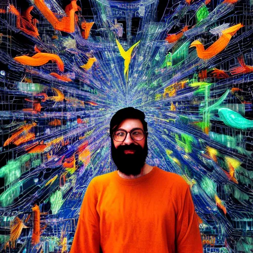 Prompt: a joyful hacker with a subtle beard is surrounded by birds, neon virtual networks, and information visualization, oil on canvas inspired by dave mckean and yoji shinkawa