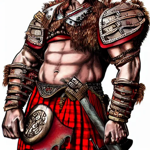 Prompt: bulky muscular scottish warrior with red hair and a kilt, tribal blood red war paintings on his chest, bronze plate armor, in the style of otomo katsuhiro, artgerm