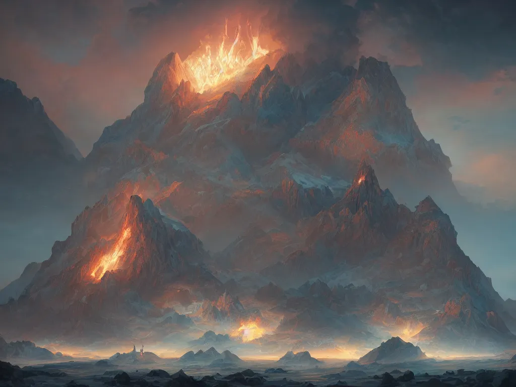 Image similar to mountain reaches into the sky, huge daragons breathing ice and fire by peter mohrbacher and dan mumford and nekro, cgsociety, volumetric light, 3 d render