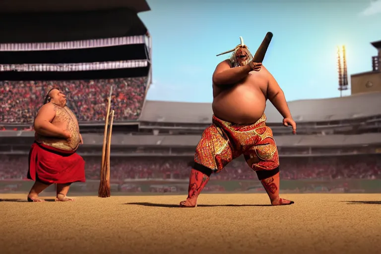 Prompt: Konishiki attempts to become the ox king by using a large, black, spiked kanabo. Background, a baseball stadium that is filled with people in the stands. The sun is coming down as the stadium lights shine on the field. Realistic Fantasy Render. 4K HD. Unreal Engine.