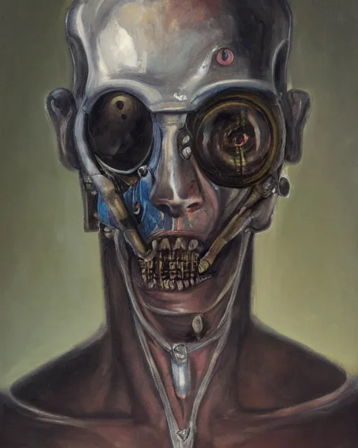 Prompt: sweet interesting portrait of a scared cyborg man, oil painting. HD