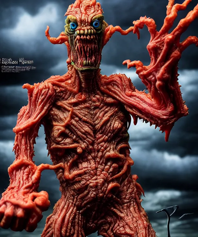 Image similar to hyperrealistic rendering, epic boss battle, cronenberg flesh monster overlord, by art of skinner and richard corben, product photography, collectible action figure, sofubi, hottoys, storm clouds, outside, lightning