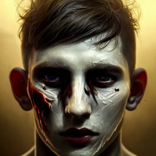 Image similar to portrait painting of young man with severe burn scars on his face and poorly cut short hair with a severe expression wearing tattered light armor, ultra realistic, concept art, intricate details, eerie, highly detailed, photorealistic, octane render, 8 k, unreal engine. art by artgerm and greg rutkowski and charlie bowater and magali villeneuve and alphonse mucha