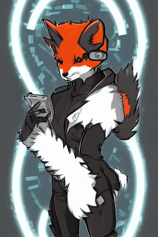 Image similar to a cute cyberpunk anthropomorphic fox with a fluffy tail, comic art, trending on furaffinity, cartoon, kawaii, backlighting, furry art!!!, cel shading, concept art, poster art