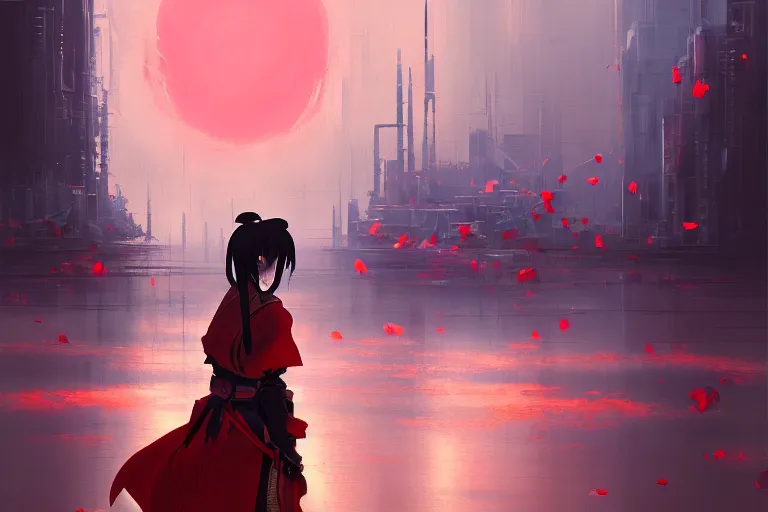 Image similar to baroque oil painting of anime key visual concept art of a samurai girl, red futuristic concrete cityscapes, falling petals, background moonlight, trending on artstation, palette knife and brush strokes, oil on canvas, style of makoto shinkai greg rutkowski studio ghibli