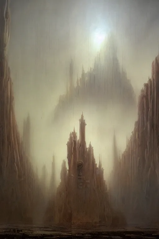 Prompt: beautiful oil clean painting of biomechanical citadel of the broken dreams covered in fog, wayne barlowe, rembrandt, complex, stunning, 4 k, high res, awardwinning, masterpiece, realistic lighting, god rays