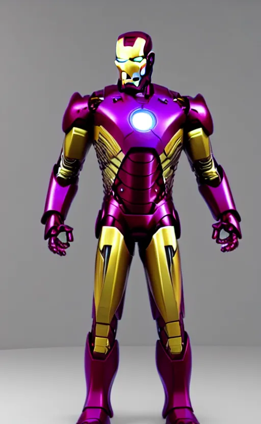 Image similar to iron man's suit but the colour scheme is purple and gold, octane render, photorealistic, realistic shading, cinematic, detailed textures