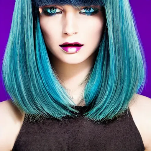 Image similar to avant runway hairstyle professional designer hair bangs, salon photography, bold colors, high details