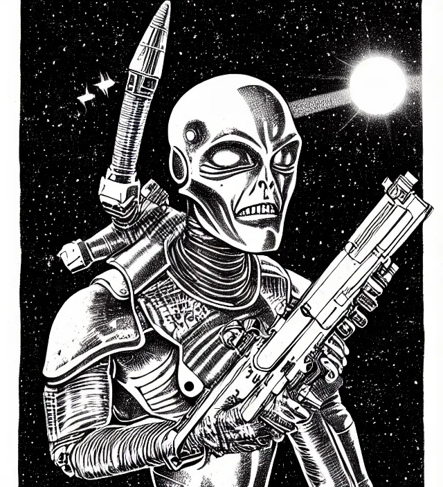 Image similar to a gray alien with a ray pistol, pen - and - ink illustration, etching, by russ nicholson, david a trampier, larry elmore, 1 9 8 1, hq scan, intricate details, high contrast, no background