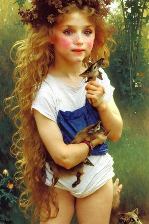 Prompt: a seven - year old with long curly dirty blonde hair, blue eyes, tan skin a tee shirt and shorts, playing with foxes, painting by daniel gerhartz, alphonse mucha, bouguereau, detailed art, artstation