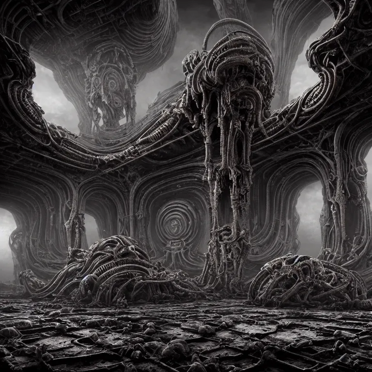 Prompt: ribbed biomechanical surreal alien temple on exoplanet, standing in a desolate empty wasteland, creepy, nightmare, dream-like heavy atmosphere, surreal abandoned buildings, beautiful detailed intricate insanely detailed octane render trending on Artstation, 8K artistic photography, photorealistic, chiaroscuro, Raphael, Caravaggio, Beksinski, Giger