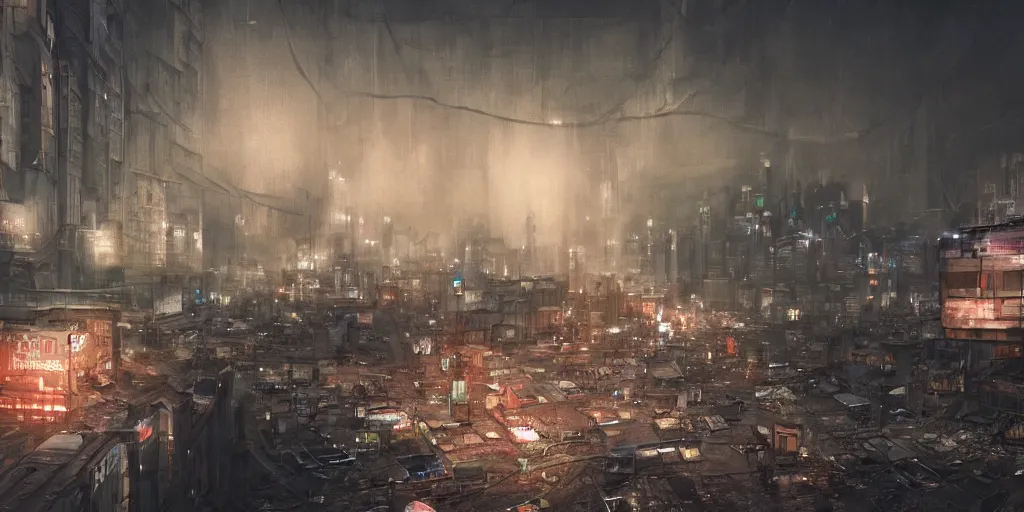 Image similar to dystopian city with endless refugees tents on different heights of huge ruined buildings, neon lights, sci - fi, night lights, rain and haze, concept art, intricate, photorealistic, in the style of katsuhiro otomo, akira, octane render, rtx, hdr, unreal engine