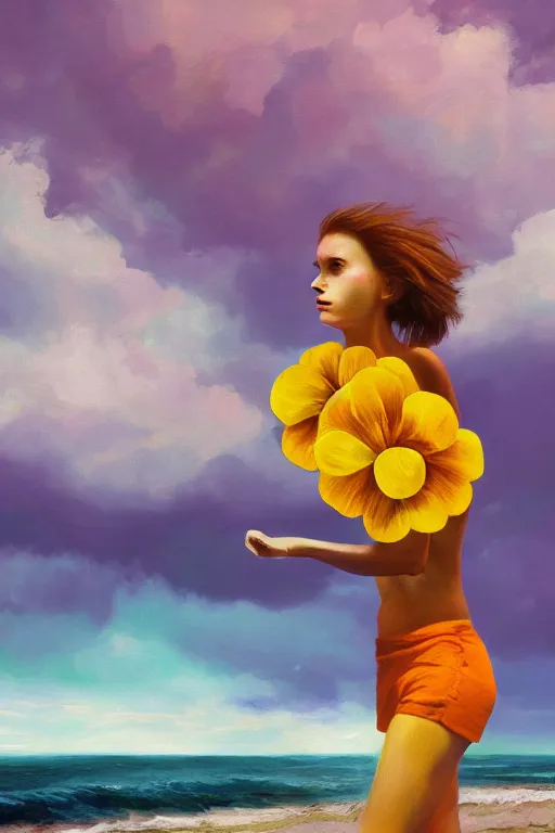 Image similar to portrait, giant flower head, a girl on beach, surreal photography, wind and cold, dramatic sky, impressionist painting, digital painting, artstation, simon stalenhag