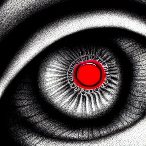 Image similar to a detailed extremely close up of inside the iris, cornea, red image, microscopic, extremely close up drawing by junji ito, cgsociety, generative art, lovecraftian, parallax, cosmic horror, extremely detailed, hyperrealism, unreal engine, octane render, award winning, masterpiece, highly detailed, realistic, 4 k, digital