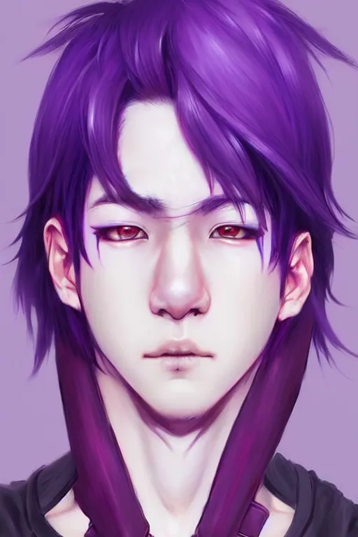 Image similar to gorgeous!!! hyper - realistic teenager boy with purple hair, purple eyes with red eye markets, wearing combat japanese clothes, holding a fan | drawn by wlop, drawn by jeehyung lee, drawn by artgerm | intricate, highly detailed, digital painting, character design, concept art, illustration, artstation