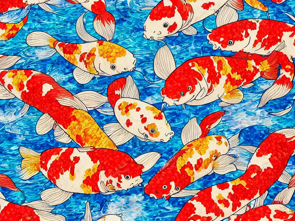 Image similar to colorful koi carp collage illustration pattern, tiny, small, miniature, short, cute and adorable, digital painting, highly detailed, intricate, elegant, artstation, concept art, colorful, beautiful, studio ghibli, aoshima chiho, takashi murakami, manga, cute and adorable