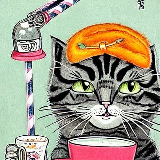 Prompt: a gray tabby cat, with a white nose, drinking boba tea with a straw - by louis wain. highly detailed. cute.