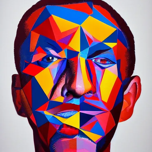 Image similar to a painting of a man's face made up of triangles, a pop art painting by Milton Glaser, featured on behance, crystal cubism, pop art, anaglyph effect, anaglyph filter