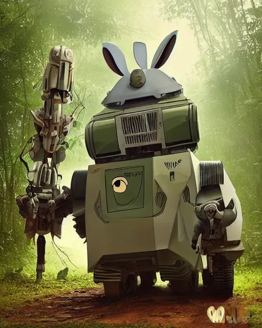 Image similar to epic chase!!!giant oversized battle rabbit robot chubby fat mech with big ears as battle mecha rabbit robot weapon fiat 126p , in jungle forest !!! , full body , Cinematic focus, Polaroid photo, vintage , neutral dull colors, foggy mist ,by oleg oprisco , by victor enrich , by gregory crewdson , by discovery channel