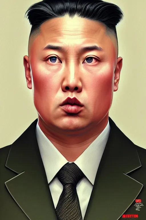 Image similar to vladimir putin with kim jong un hairstyle, realistic portrait, symmetrical, highly detailed, digital painting, artstation, concept art, smooth, sharp focus, illustration, cinematic lighting, art by artgerm and greg rutkowski and alphonse mucha