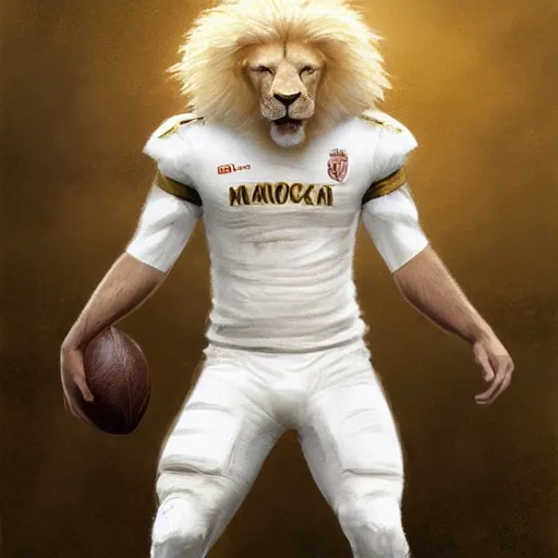 Prompt: a beautiful award winning commission of a male anthro albino lion dressed in a football outfit,digital art,art by greg rutkowski,character design by charles bowater,ross tran,photorealistic,highly detailed,detailed face,4k,dramatic,deviantart,artstation