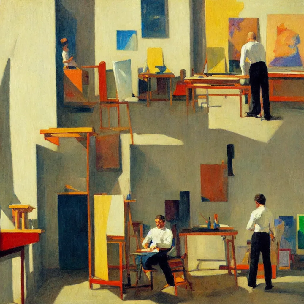 Image similar to painting of a artist, creating in his studio alone, in a huge studio, in the style of edward hopper