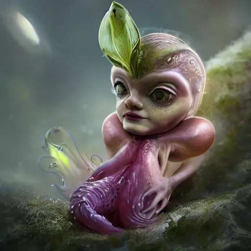 Image similar to a realistic slimy fairy fetus emerging from a budding flower, dramatic lighting, cinematic, establishing shot, extremely high detail, foto realistic, cinematic lighting, post processed, concept art, high details, cinematic, 8k resolution, beautiful detailed, photorealistic, digital painting, artstation, concept art, smooth, sharp focus, artstation trending, octane render, unreal engine