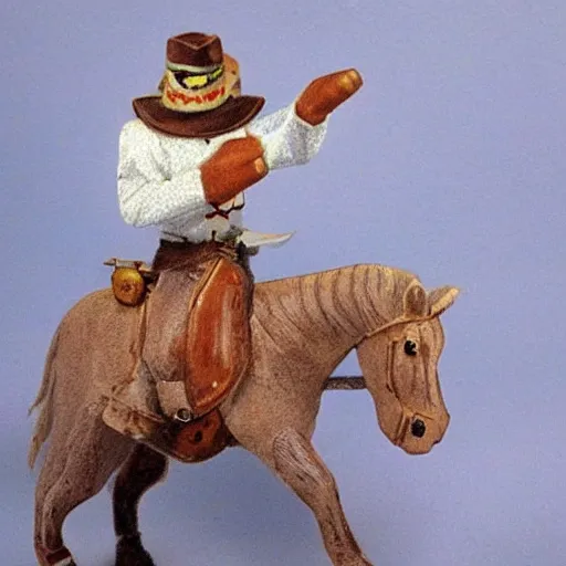 Prompt: a white duck, in a hat and chaps riding a horse, photo realistic