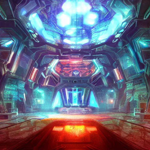 Prompt: photorealistic beautiful palace of metroid prime. hyperdetailed photorealism, 1 0 8 megapixels, river, amazing depth, glowing rich colors, powerful imagery, psychedelic overtones, 3 d finalrender, 3 d shading, cinematic lighting, artstation concept art