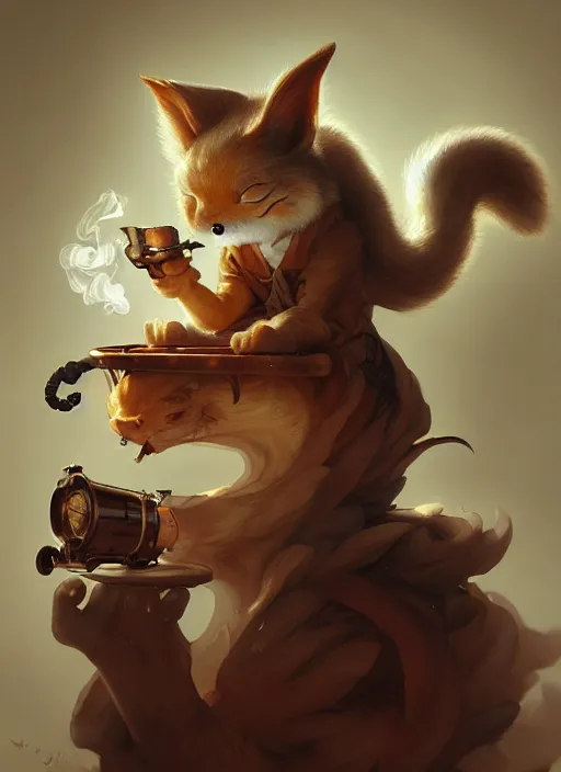 Image similar to cute kitsune smoking a pipe, subsurface scattering, by jesper ejsing, justin gerard, tomasz alen kopera, cgsociety and fenghua zhong, highly detailed, rim light, cinematic lighting, illustration, art, octane render, very coherent, cinematic, hyper realism, high detail, octane render, 8 k