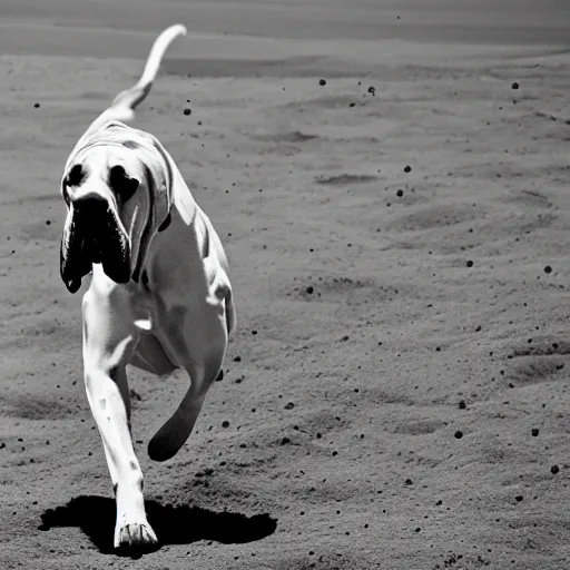 Image similar to a portrait of a great dane running joyfully on the moon