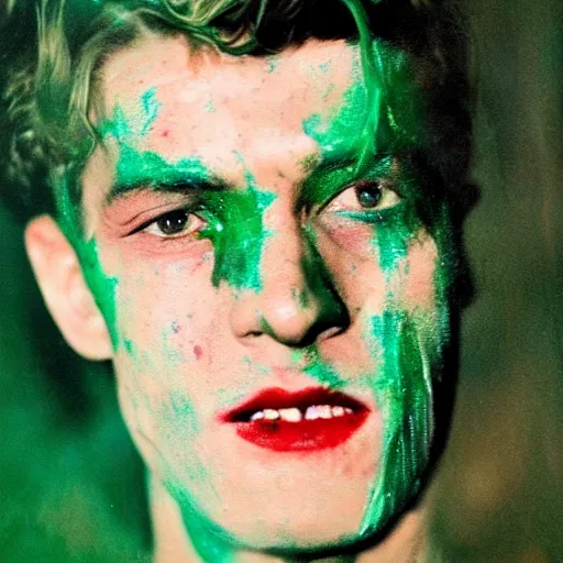 Image similar to young peter otoole with green hair, white paint on face, messy red lips, portrait, impressionistic, film still