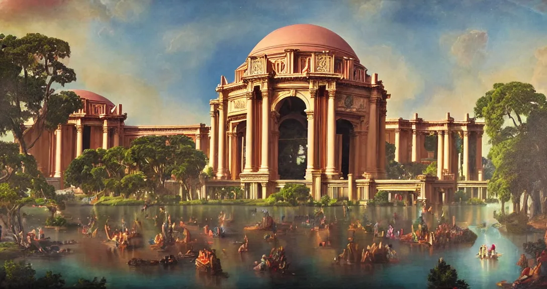 Prompt: the san francisco palace of fine arts during the intergalactic futuristic fair, romantic era sci - fi painting, futuristic