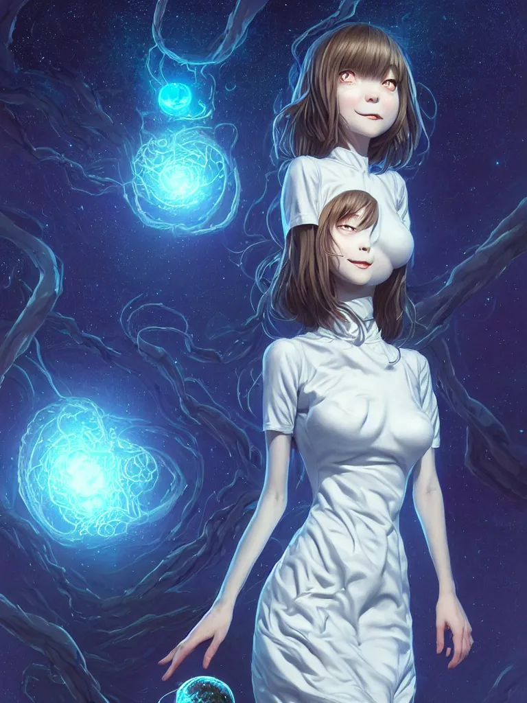 Image similar to azathoth girl very slightly smiling, dress made out milky way, full body, occlusion shadow, specular reflection, rim light, unreal engine, artgerm, artstation, art by hiroaki samura and ilya kuvshinov and ossdraws, intricate, highly detailed 8 k, cosmic horror illustration, extremely beautiful shape of face and body