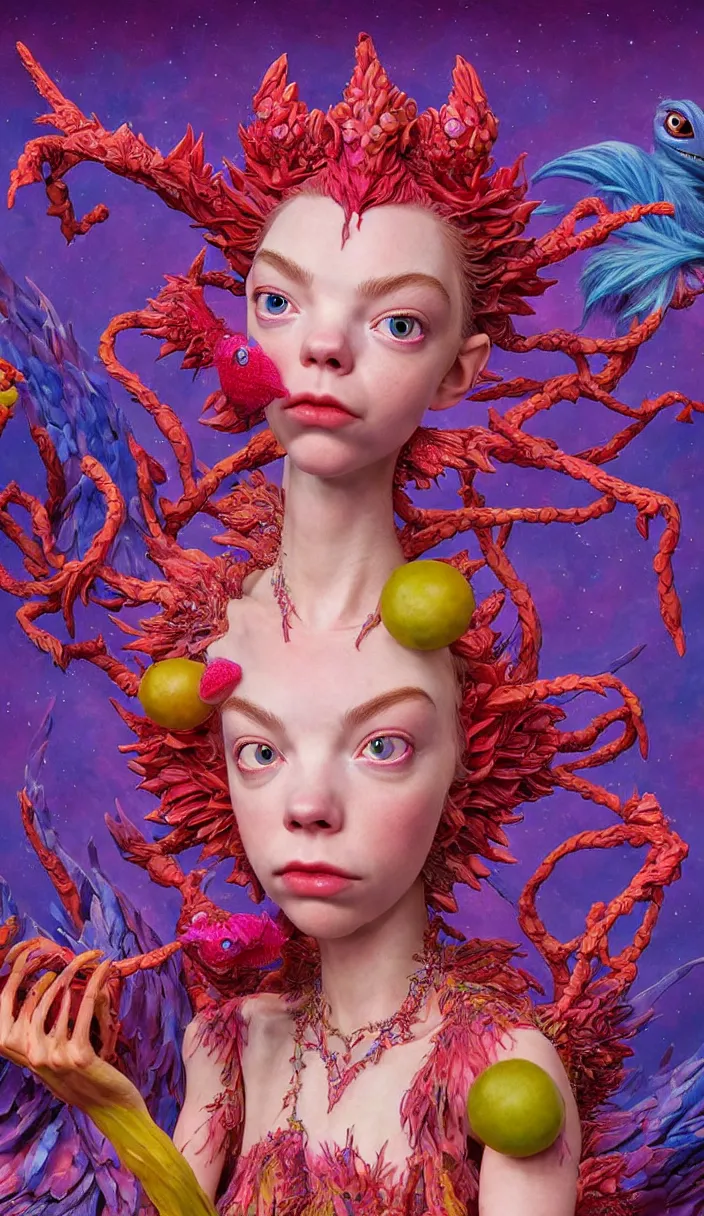 Prompt: hyper detailed 3d render like a Oil painting - kawaii portrait Aurora (a beautiful skeksis muppet queen from dark crystal that looks like Anya Taylor-Joy from the neck up) seen red carpet photoshoot in UVIVF posing in scaly dress to Eat of the Strangling network of yellowcake aerochrome and milky Fruit and His delicate Hands hold of gossamer polyp blossoms bring iridescent fungal flowers whose spores black the foolish stars by Jacek Yerka, Ilya Kuvshinov, Mariusz Lewandowski, Houdini algorithmic generative render, Abstract brush strokes, Masterpiece, Edward Hopper and James Gilleard, Zdzislaw Beksinski, Mark Ryden, Wolfgang Lettl, hints of Yayoi Kasuma, octane render, 8k