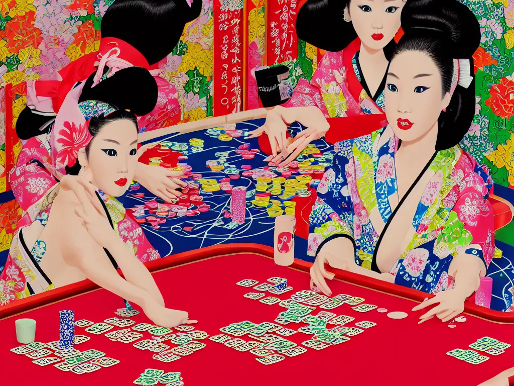 Image similar to hyperrealism composition of the detailed single woman in a japanese kimono sitting at an extremely detailed poker table with barbie, fireworks and folding screen on the background, pop - art style, jacky tsai style, andy warhol style, acrylic on canvas