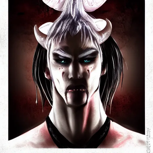 Prompt: fit male demon with white horns, young, careless, costume design, still, photograph, digital painting, trending on artstation, masterpiece, in the style of JB Casacop