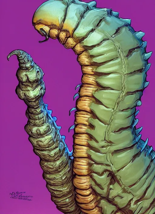 Image similar to portrait of Sandworm from Beetlejuice in Society (1989), highly detailed, centered, solid color background, digital painting, artstation, concept art, smooth, sharp focus, illustration, peter giancola, Joseph Christian Leyendecker, Les Edwards, Ed Repka, Basil Gogos, WLOP, Artgerm