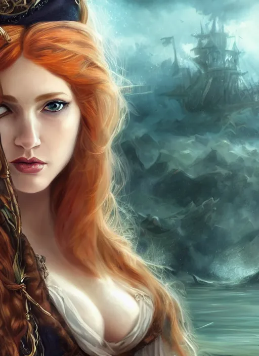 Image similar to a beautiful woman pirate clothes, 8 k, sensual, hyperrealistic, hyperdetailed, beautiful face, long ginger hair windy, dark fantasy, fantasy portrait by laura sava