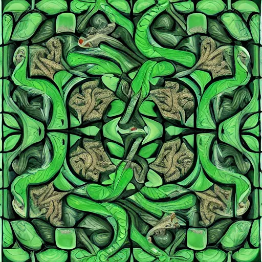 Image similar to green dragon surrounded by tessellation of rosebuds, by mc escher, fractal