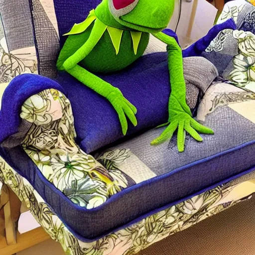 Image similar to “ kermit the frog, reclining on a chaise lounge, with the sun shining in the background, fabric, quilt ”