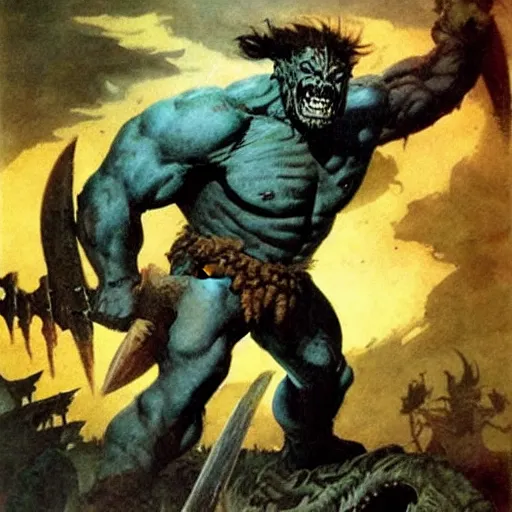 Prompt: Barbarian fighting monster by Frazetta