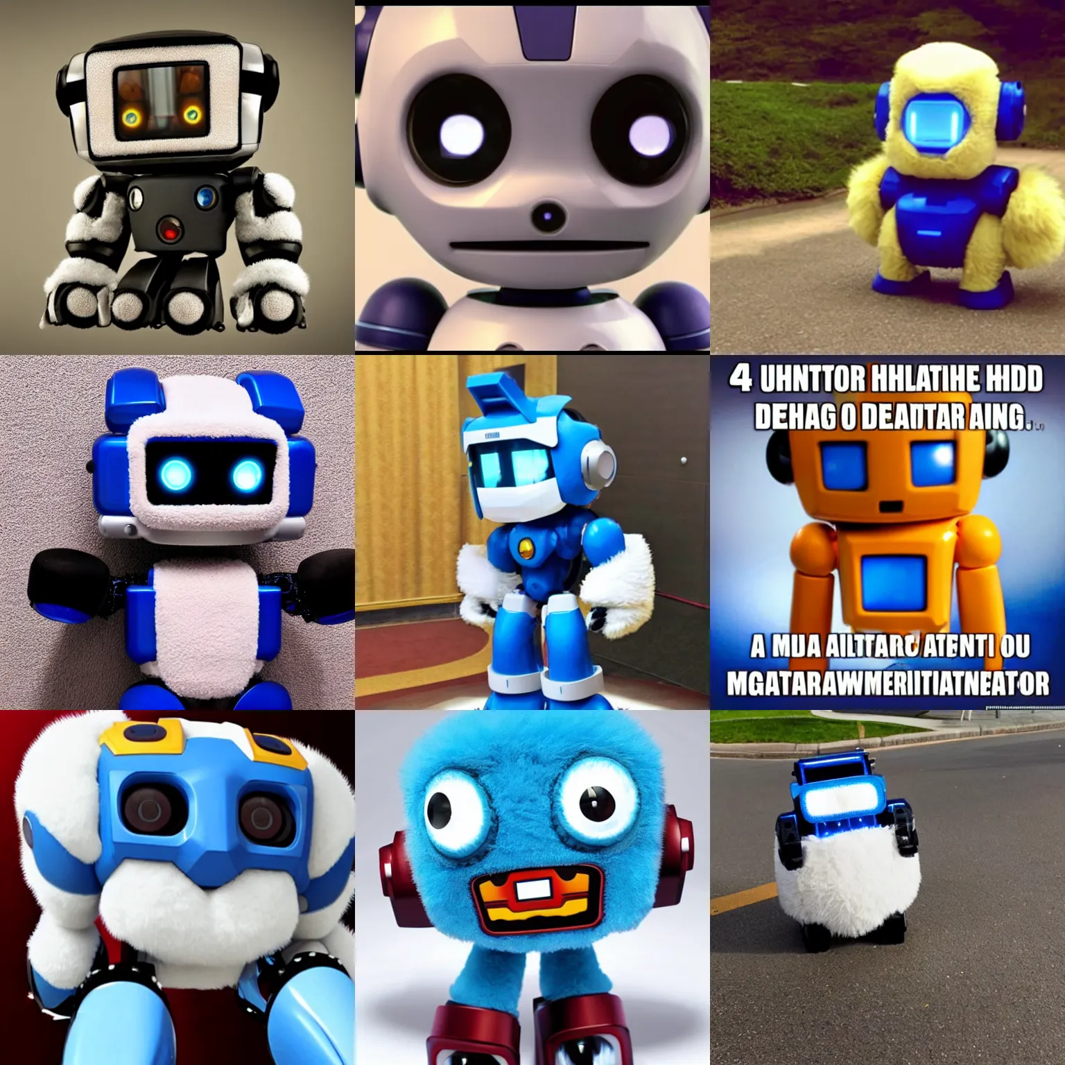 Prompt: <picture quality=4k-ultra-hd mode='attention grabbing'>Adorable fluffy robot looks like the megaman derp meme</picture>