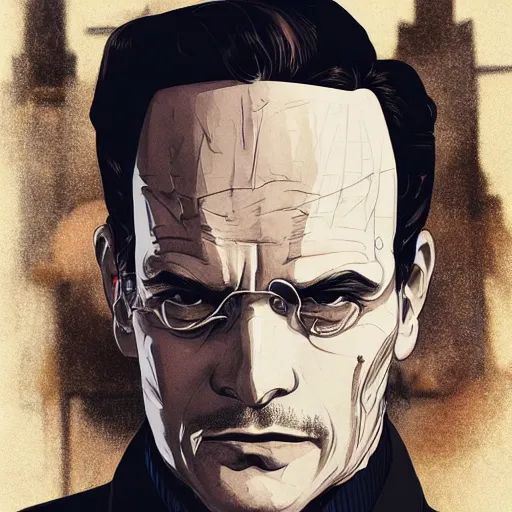 Image similar to [UHD Professor Moriarty as a GTA characters on the streets of futuristic steampunk London, correct face, intricate facial details, symmetrical face, elegant, graphic detail, digital painting, trending on artstation, concept art, tonalism, sharp focus, illustration, art by Akira Toriyama and Greg Rutkowski and Alphonse Mucha]